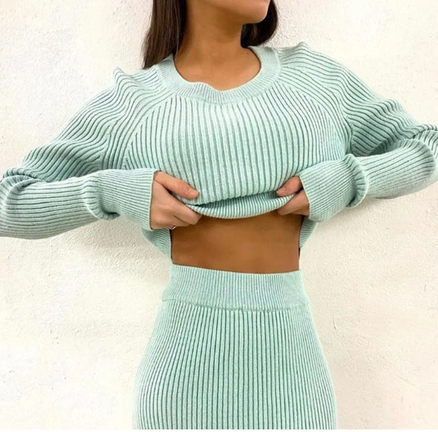 2 Pieces Plain Rib-knit Top Skirt Sweater Set Bodycon
