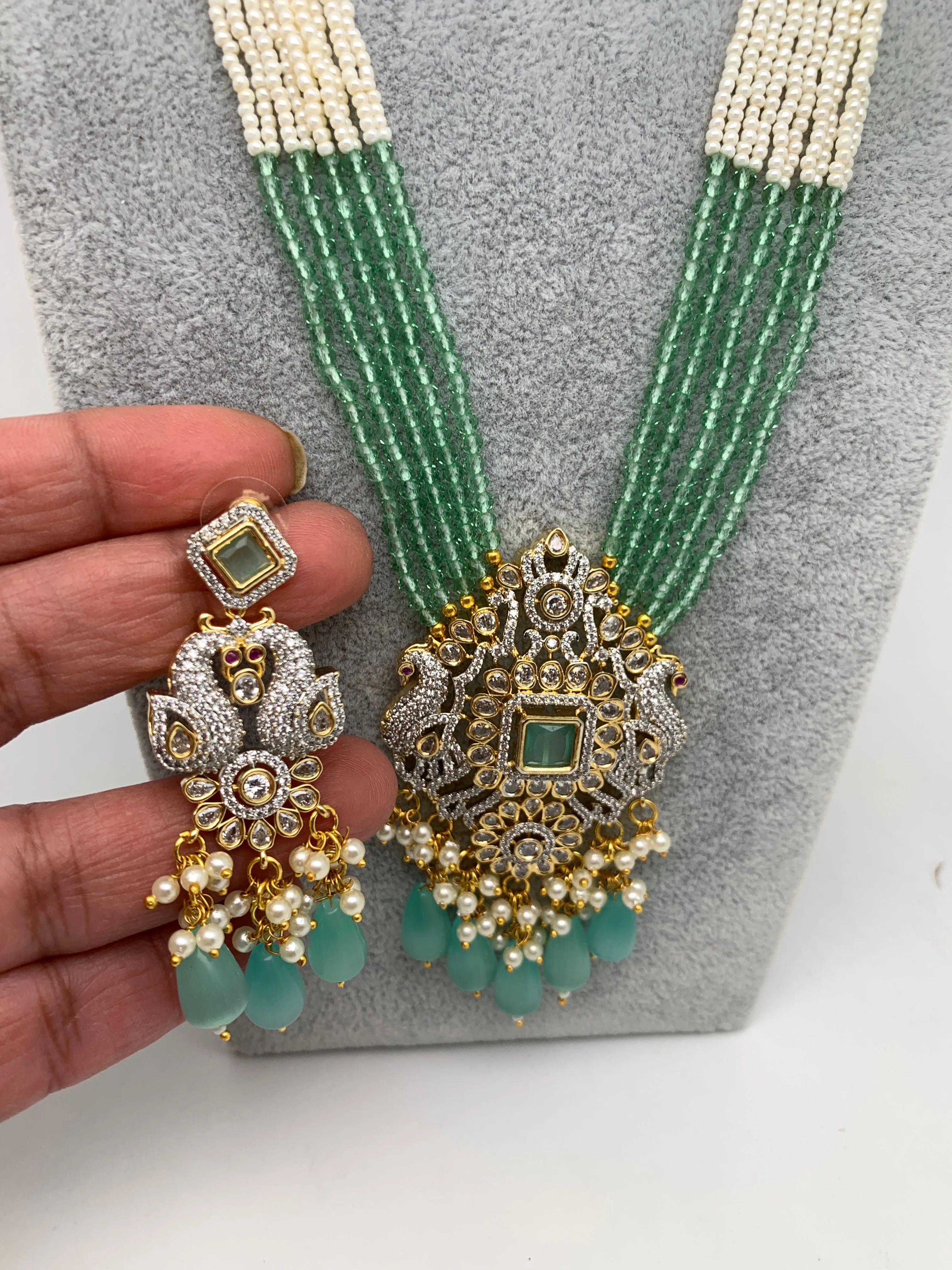 AD Mint Green Stone Mint Green Beads Peacock Pendent Mint Green White Hydro Beads Long Mala
