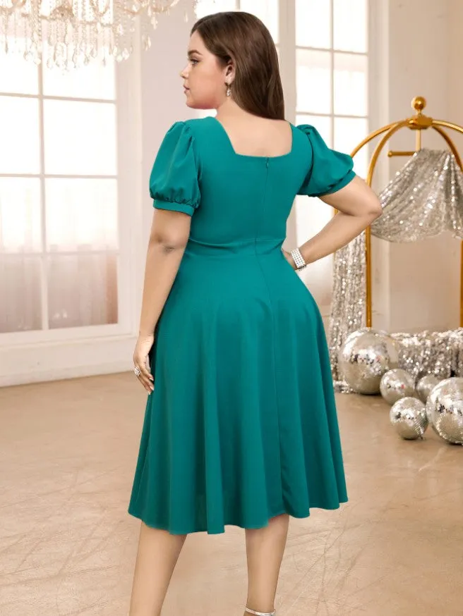 AOMEIDRESS V Neck Cut Out Short Sleeves Bows High Waist A Line Dress
