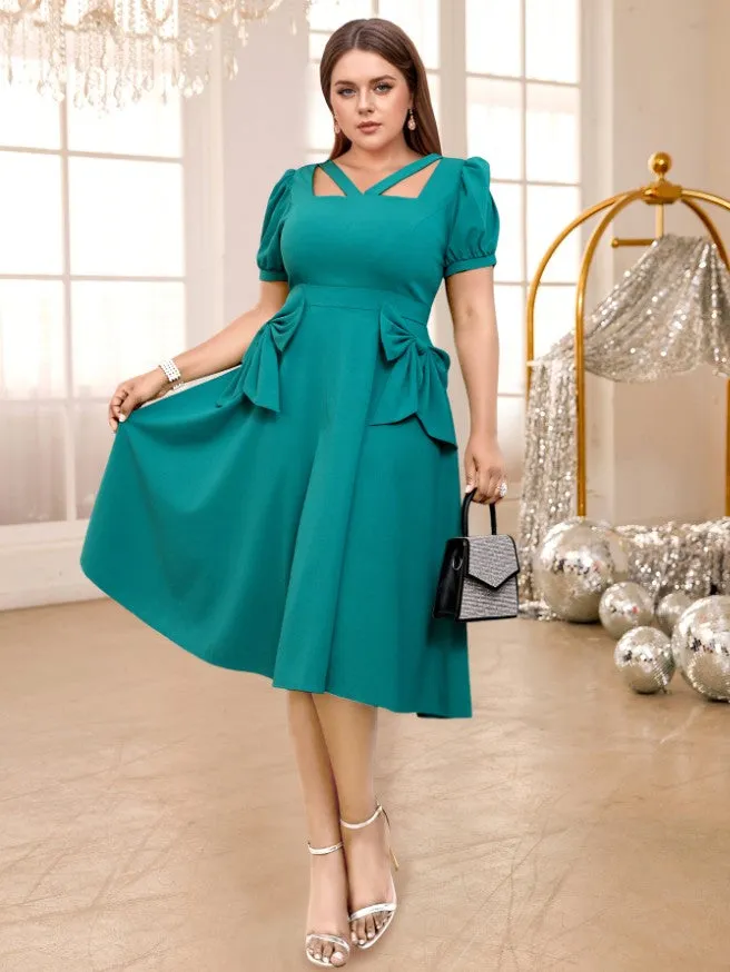 AOMEIDRESS V Neck Cut Out Short Sleeves Bows High Waist A Line Dress