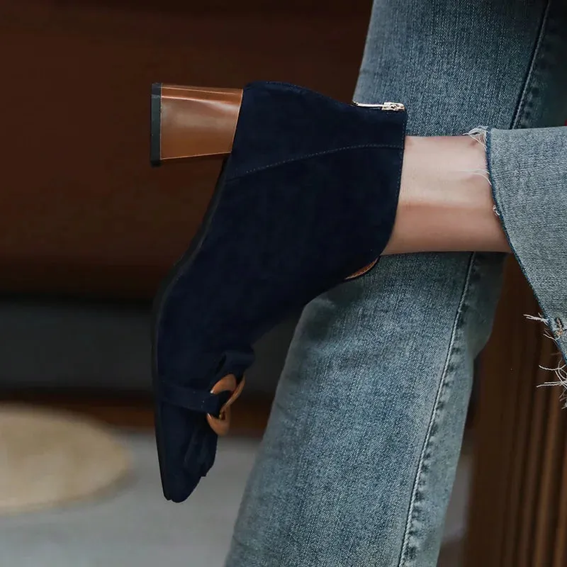 Autumn Ladies Sheep Suede Fringe Ankle Boots Zip Chunky High Heel Square Toe Chain Tassel Boots Fashion Women Modern Boots