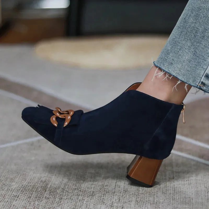 Autumn Ladies Sheep Suede Fringe Ankle Boots Zip Chunky High Heel Square Toe Chain Tassel Boots Fashion Women Modern Boots