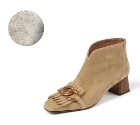 Autumn Ladies Sheep Suede Fringe Ankle Boots Zip Chunky High Heel Square Toe Chain Tassel Boots Fashion Women Modern Boots