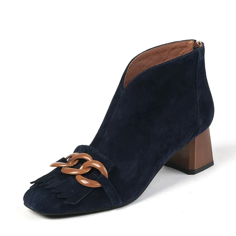 Autumn Ladies Sheep Suede Fringe Ankle Boots Zip Chunky High Heel Square Toe Chain Tassel Boots Fashion Women Modern Boots