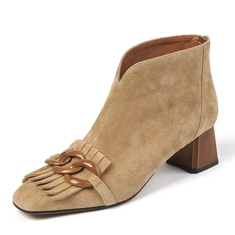 Autumn Ladies Sheep Suede Fringe Ankle Boots Zip Chunky High Heel Square Toe Chain Tassel Boots Fashion Women Modern Boots