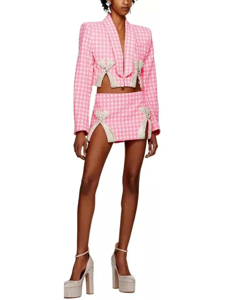 Bow-Embroidered Cropped Blazer and Mini Skirt Set in Pink Houndstooth