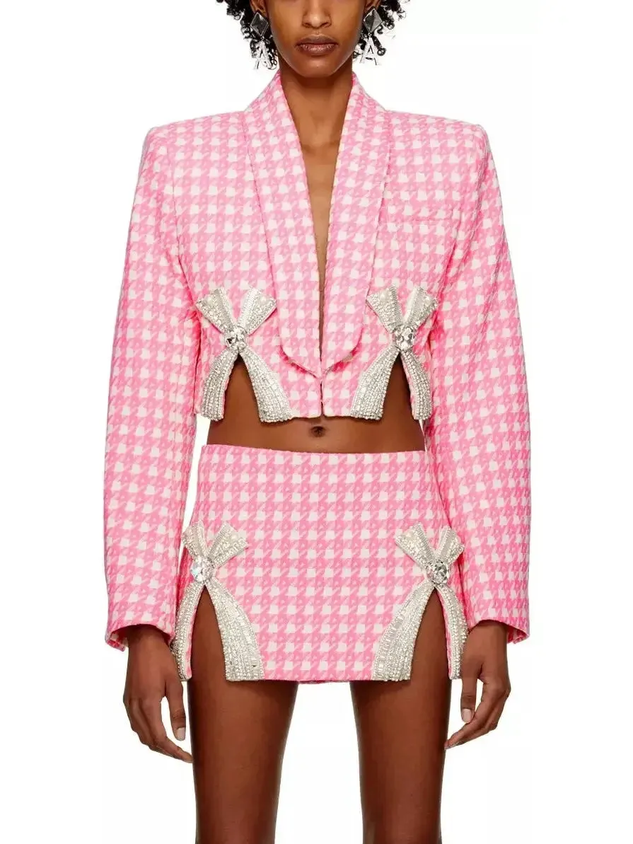 Bow-Embroidered Cropped Blazer and Mini Skirt Set in Pink Houndstooth