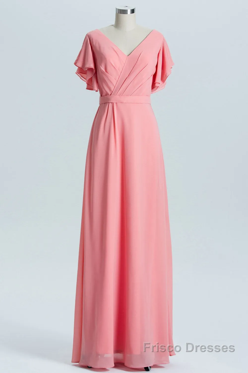 Coral A-line Flutter Sleeves Long Bridesmaid Dress