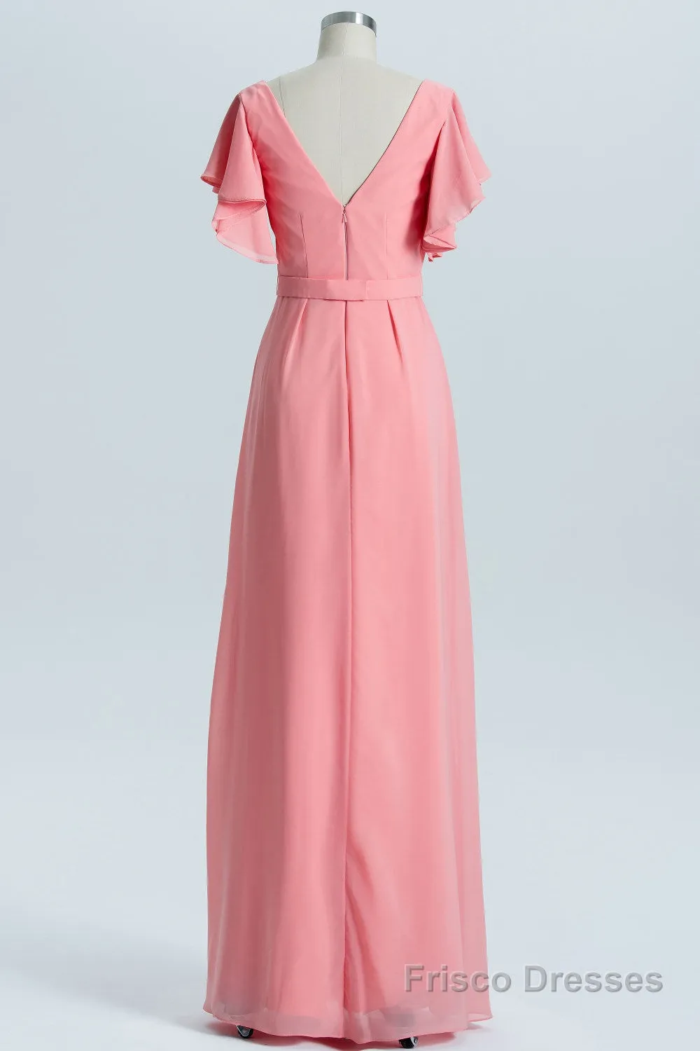Coral A-line Flutter Sleeves Long Bridesmaid Dress