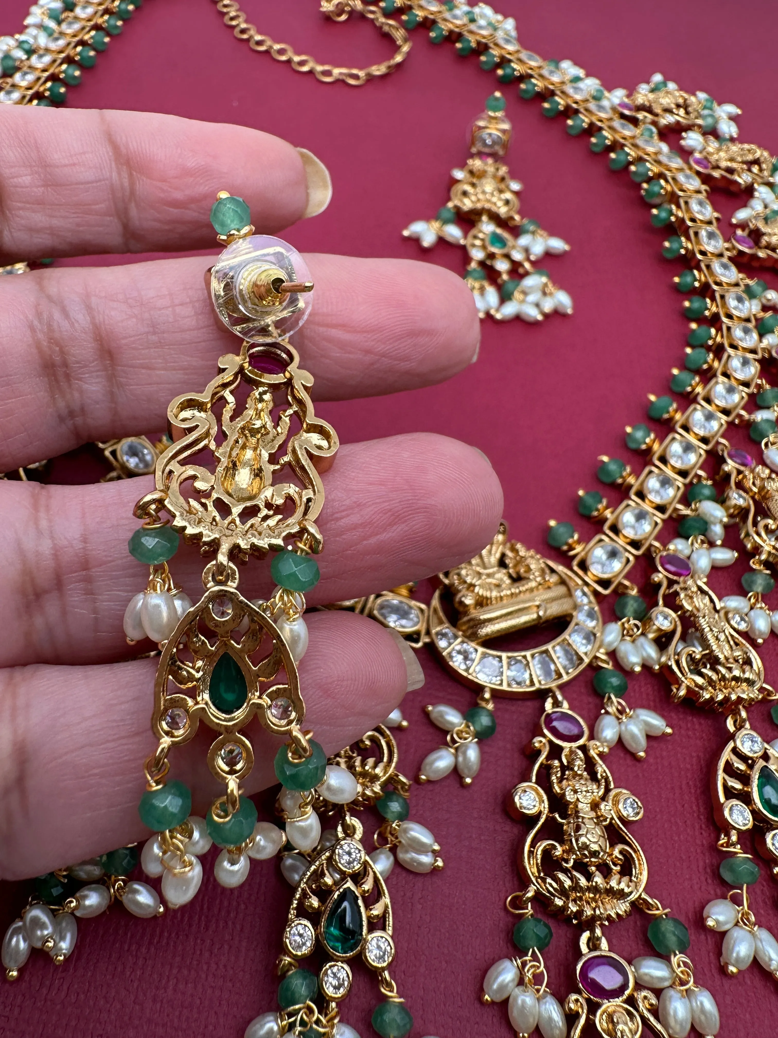 Dashavataram CZ Red Green Stone Rice Pearls Green Beads Guttapusalu Necklace