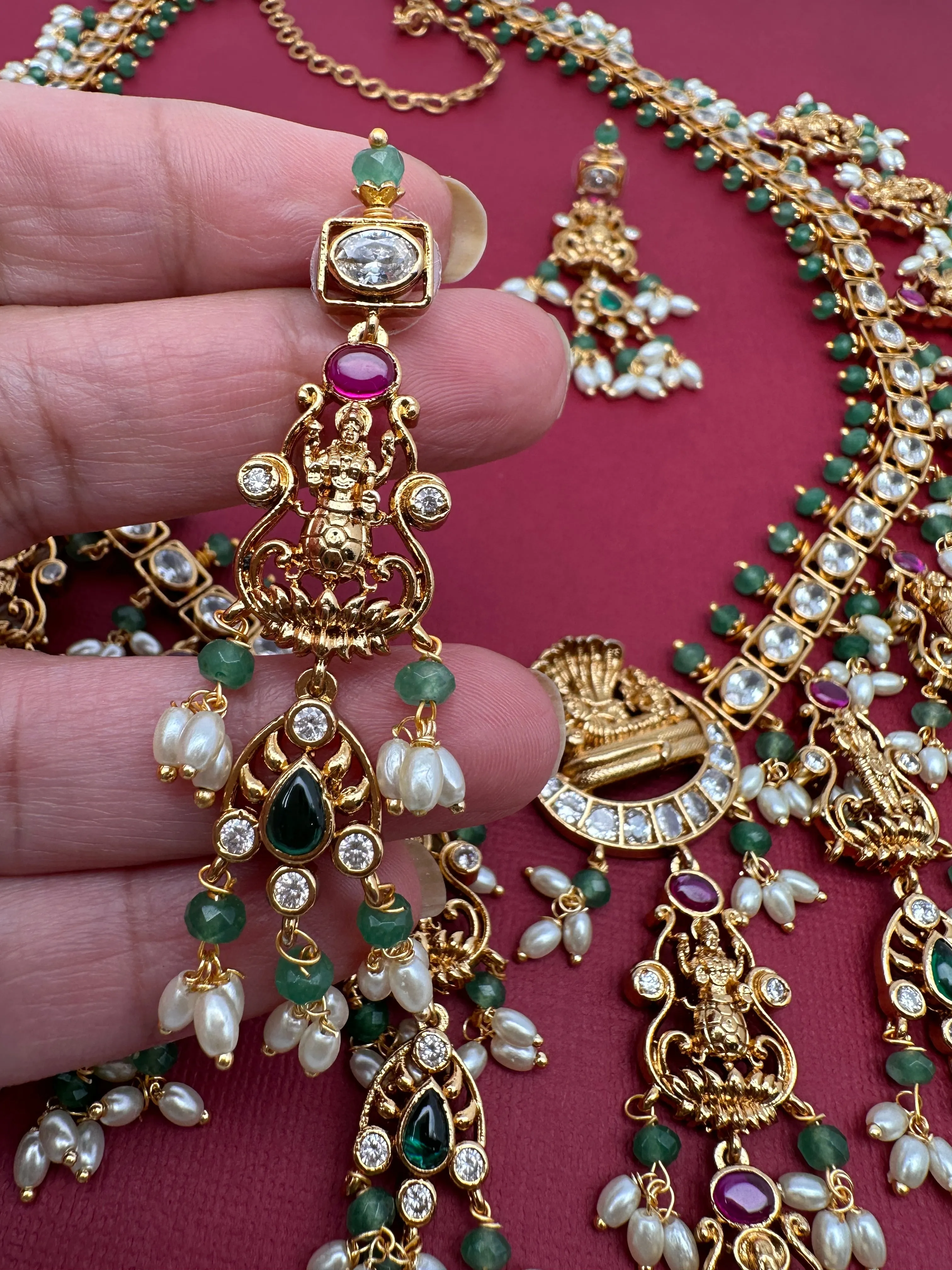 Dashavataram CZ Red Green Stone Rice Pearls Green Beads Guttapusalu Necklace