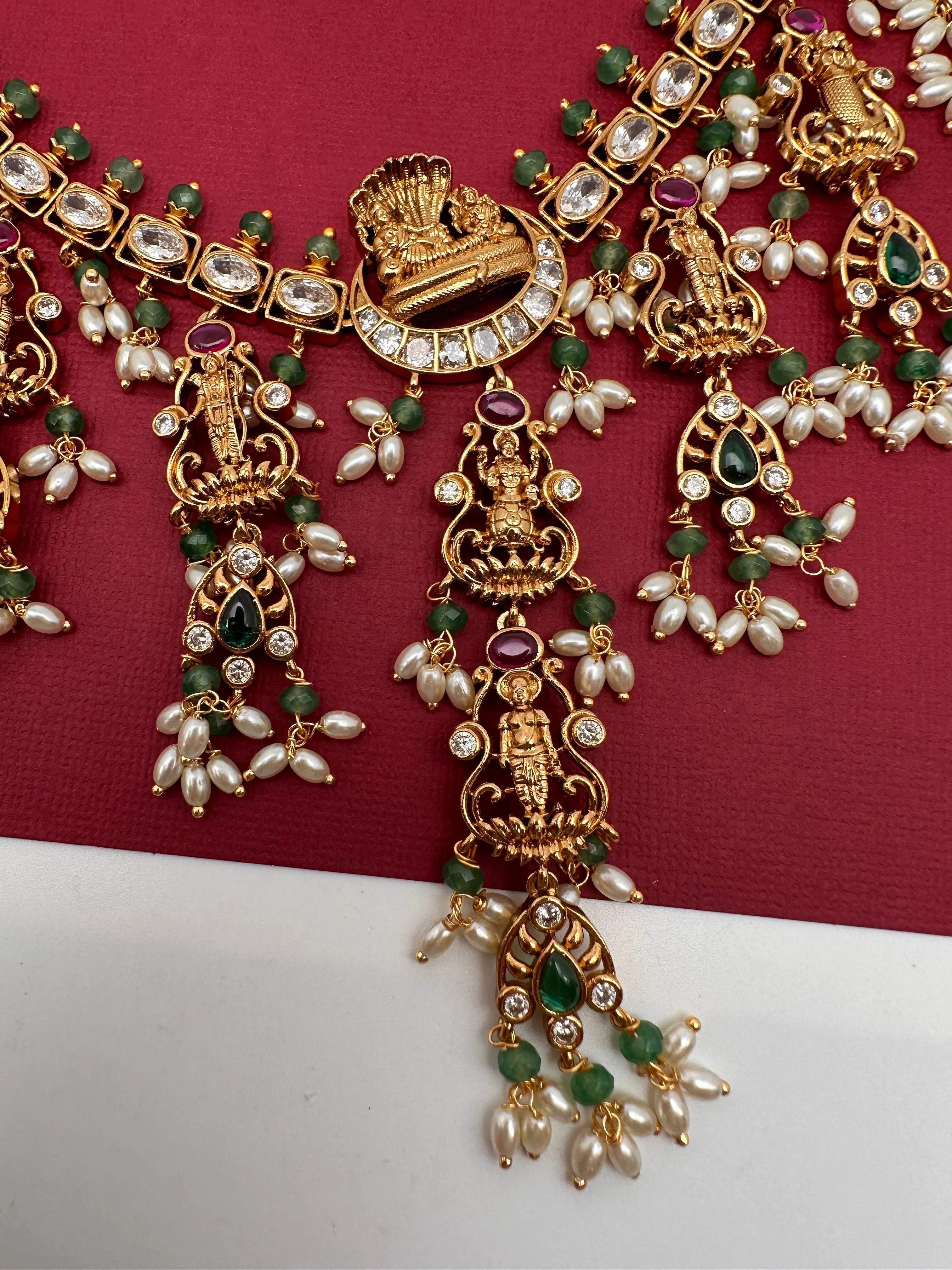 Dashavataram CZ Red Green Stone Rice Pearls Green Beads Guttapusalu Necklace