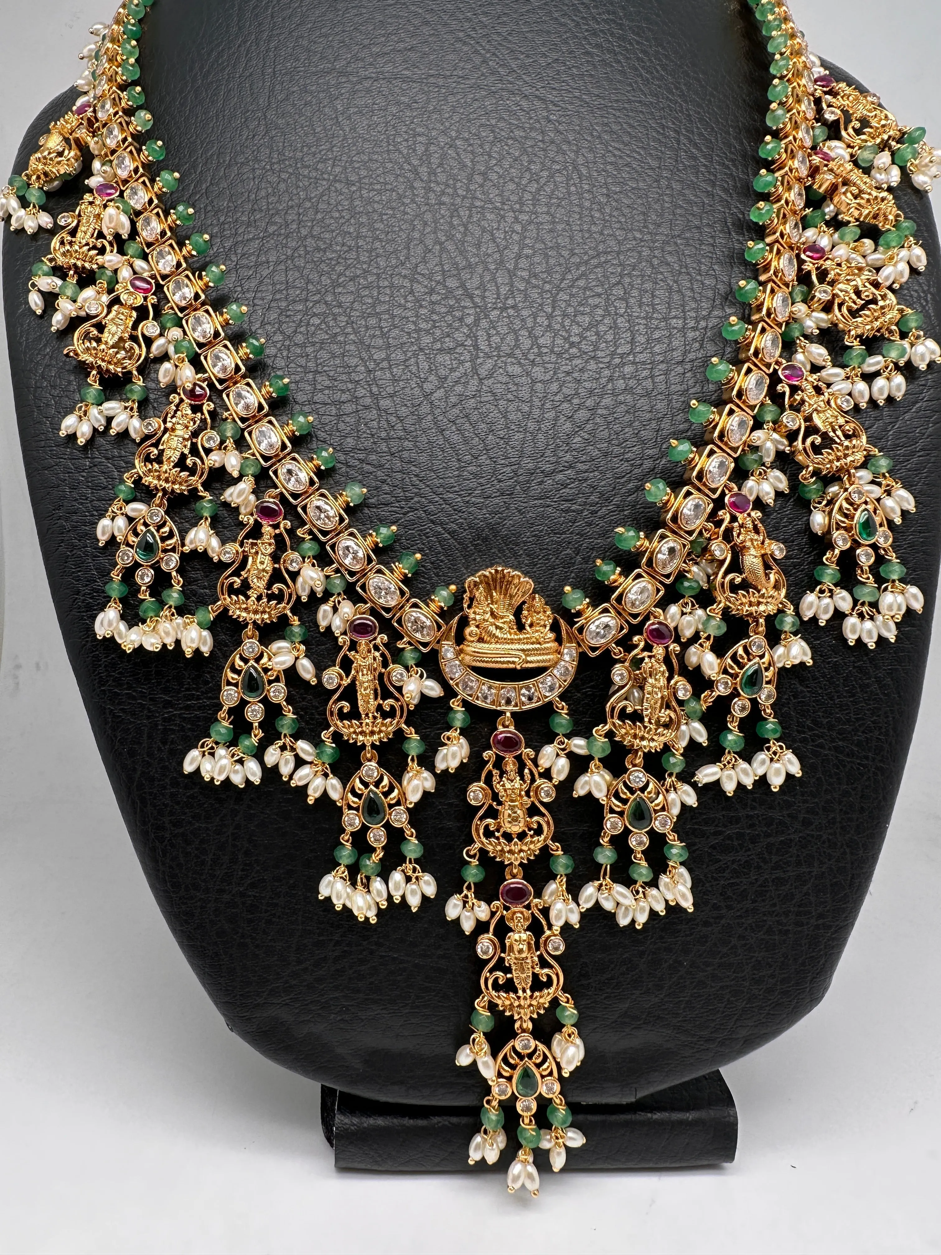 Dashavataram CZ Red Green Stone Rice Pearls Green Beads Guttapusalu Necklace