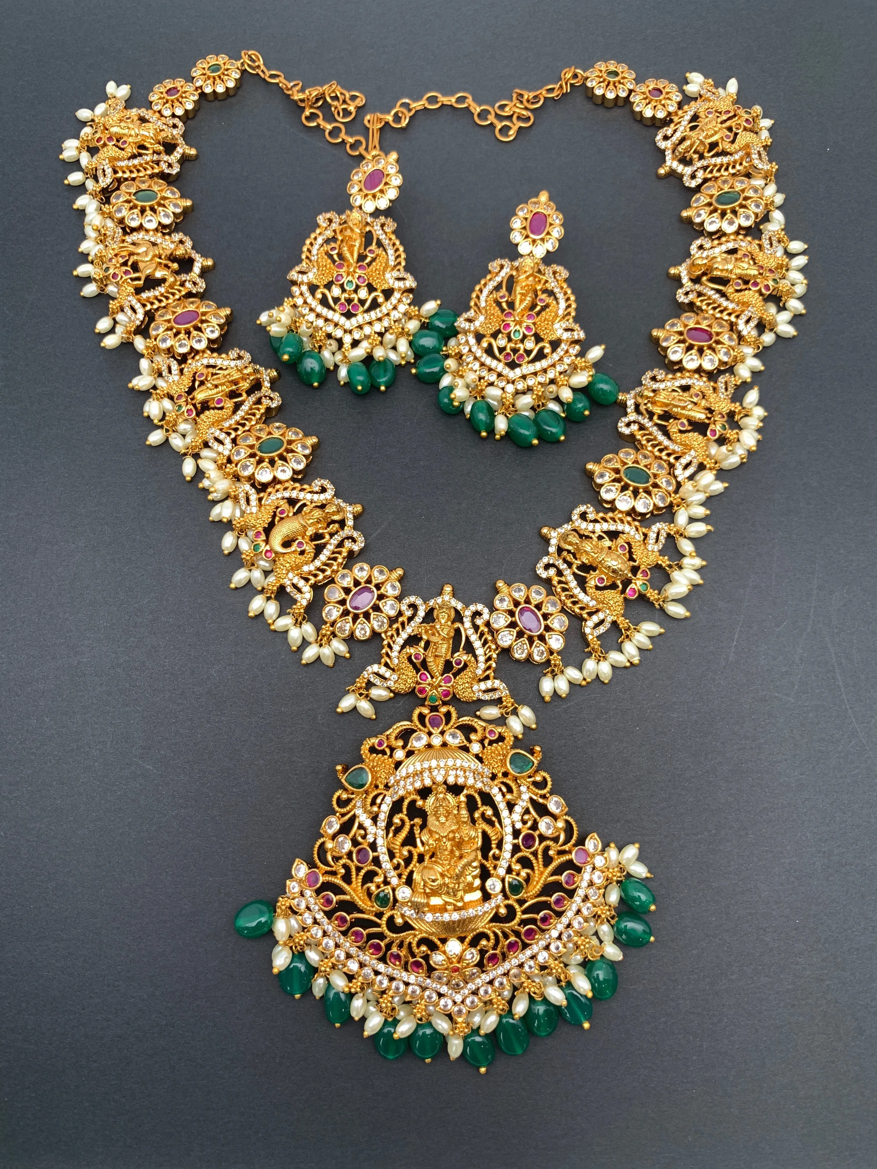 Dashavataram Red Green Stone Green beads Long Necklace