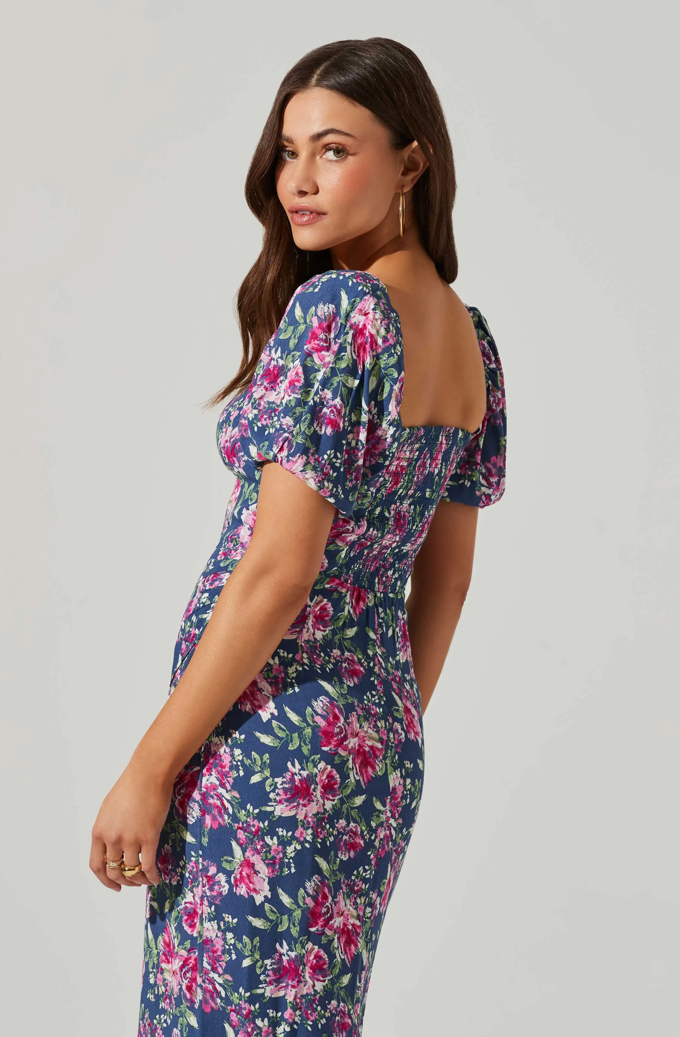 Floral Square Neck Slit Front Midi Dress