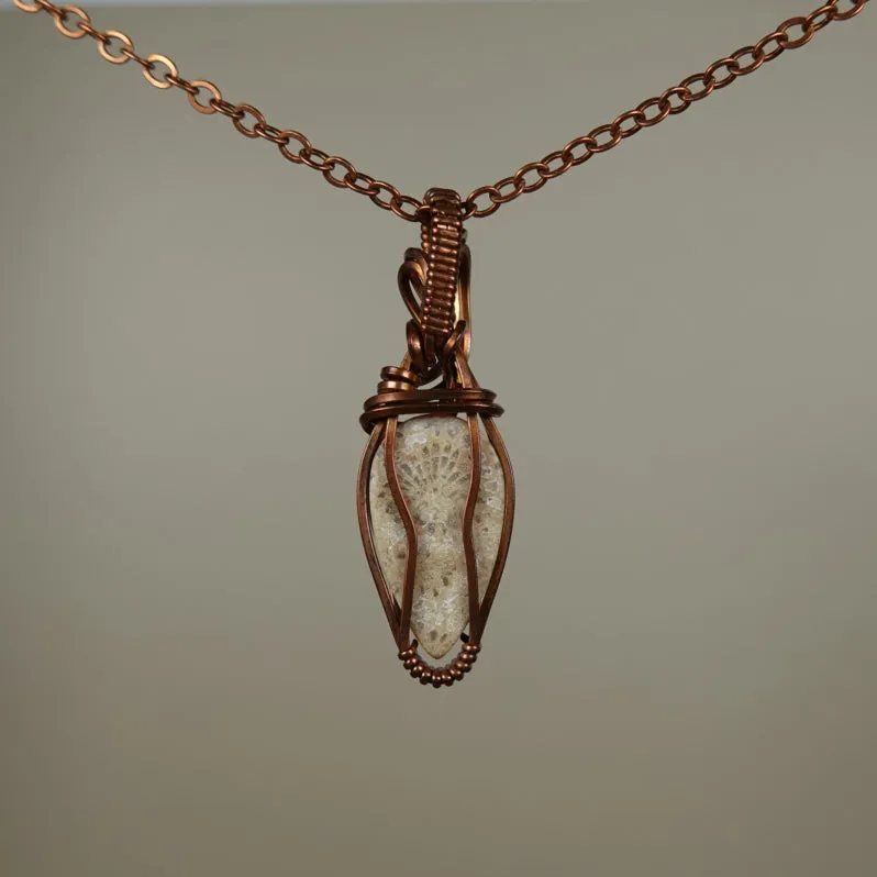 Fossilized Coral Pendant Wire-Wrapped in Copper