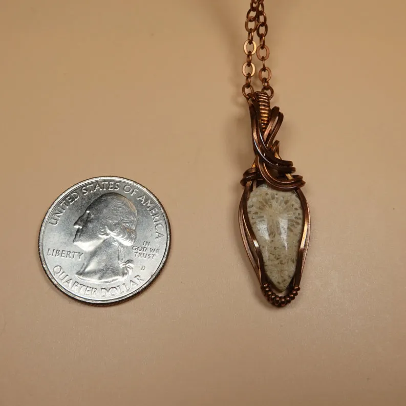 Fossilized Coral Pendant Wire-Wrapped in Copper
