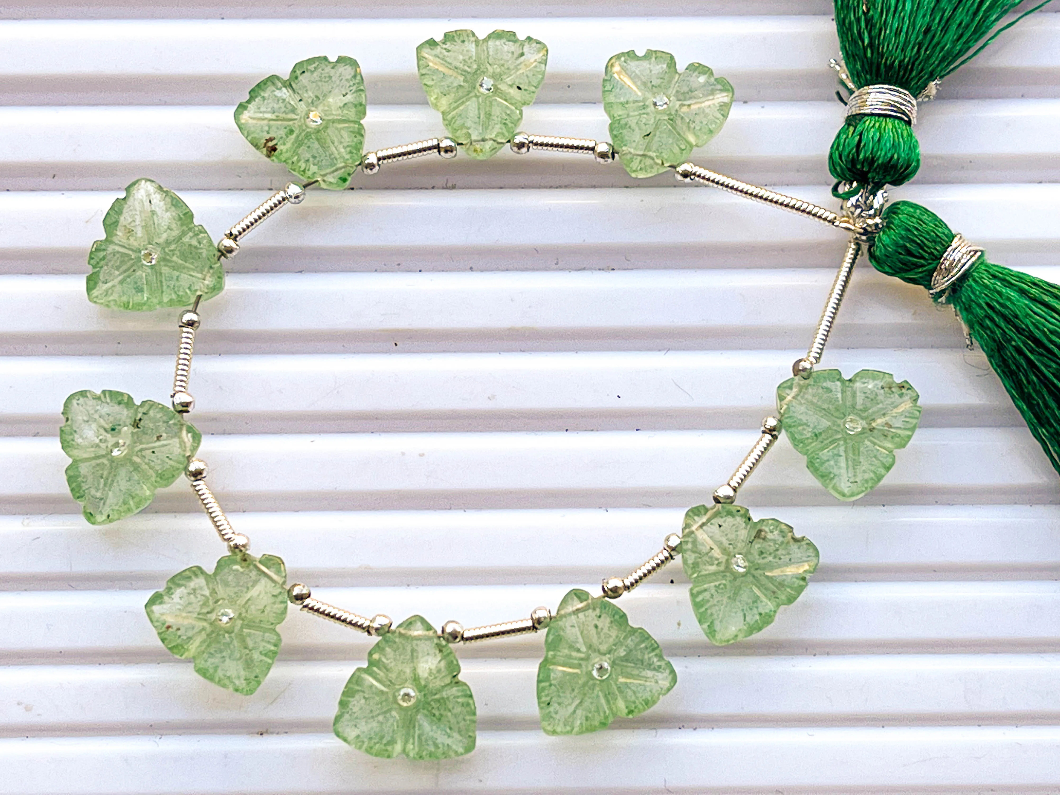 Green Aventurine Flower Carving Beads with Cubic Zirconia