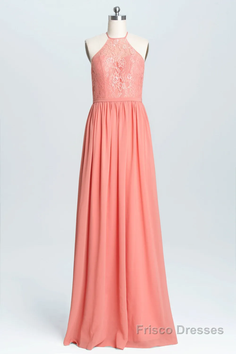 Halter Coral A-line Lace and Chiffon Long Bridesmaid Dress