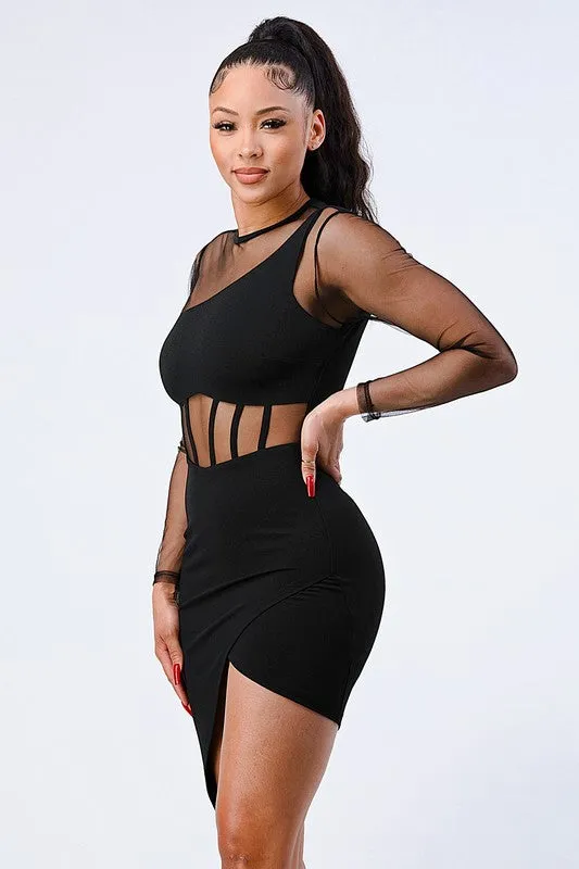 LUX SEE-THRU ASYMMETRICAL HI-LOW HEM BODYCON DRESS