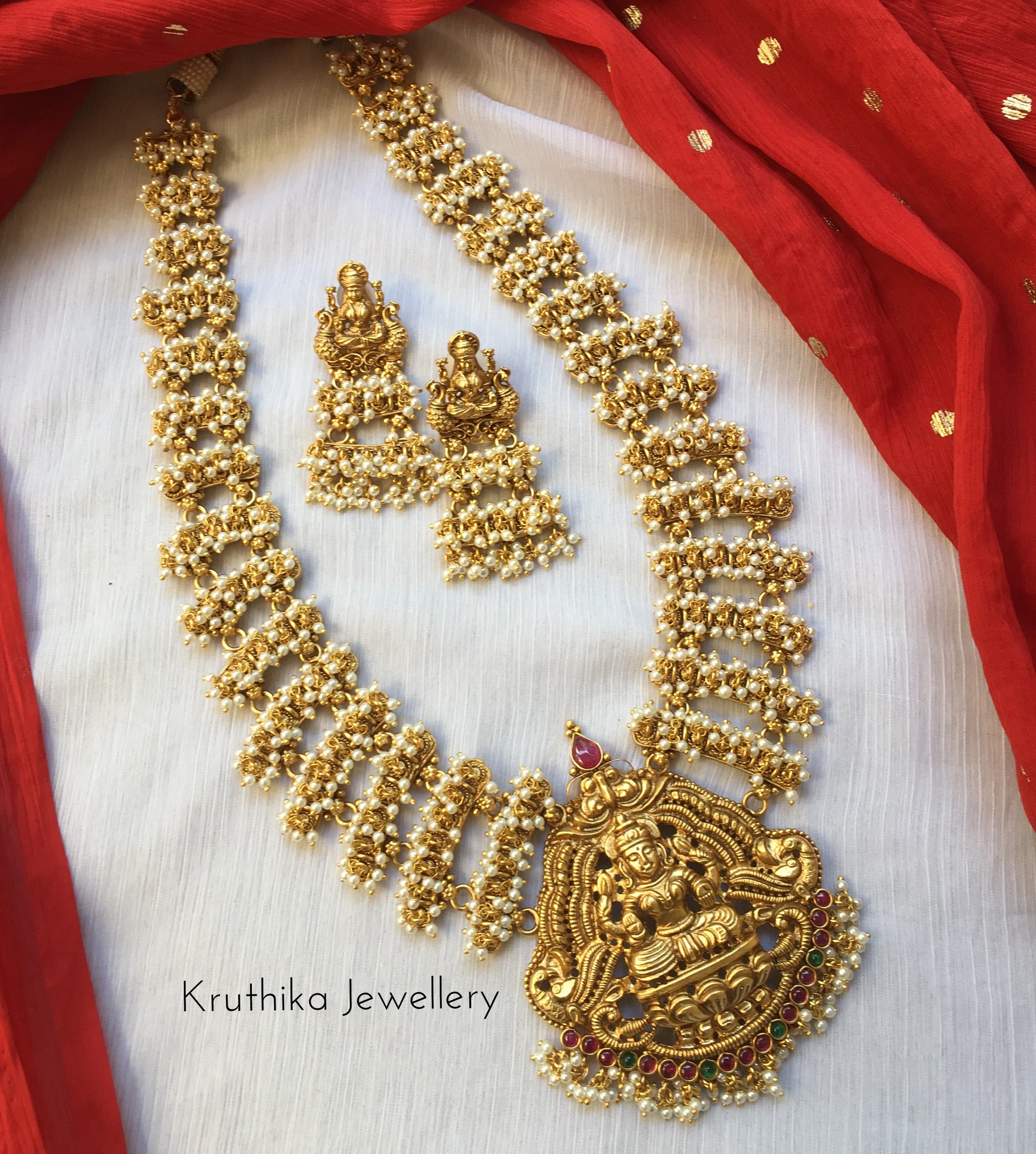 Pearl bunches Haaram with premium polish Lakshmi Devi pendant LH68
