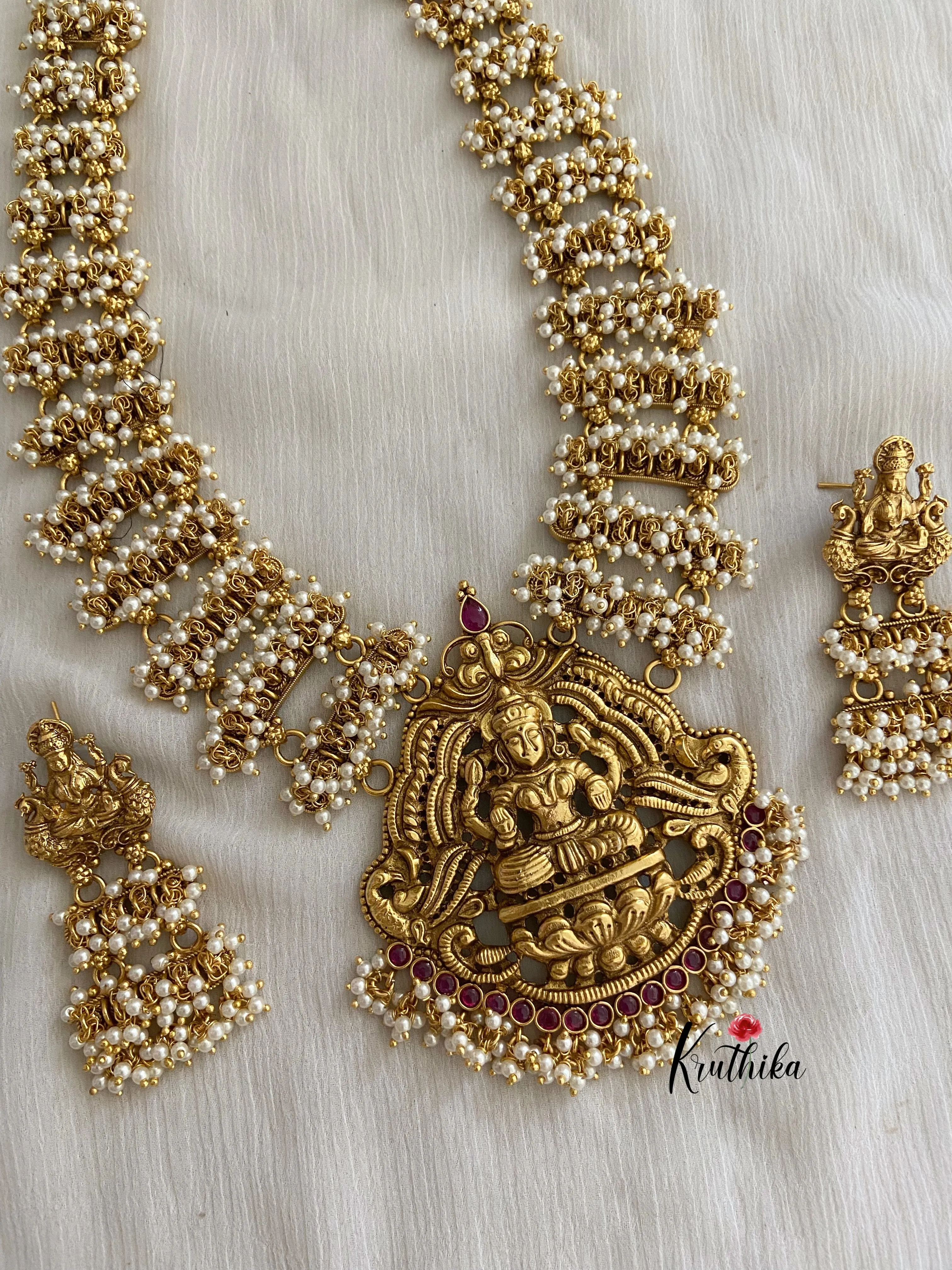Pearl bunches Haaram with premium polish Lakshmi Devi pendant LH68
