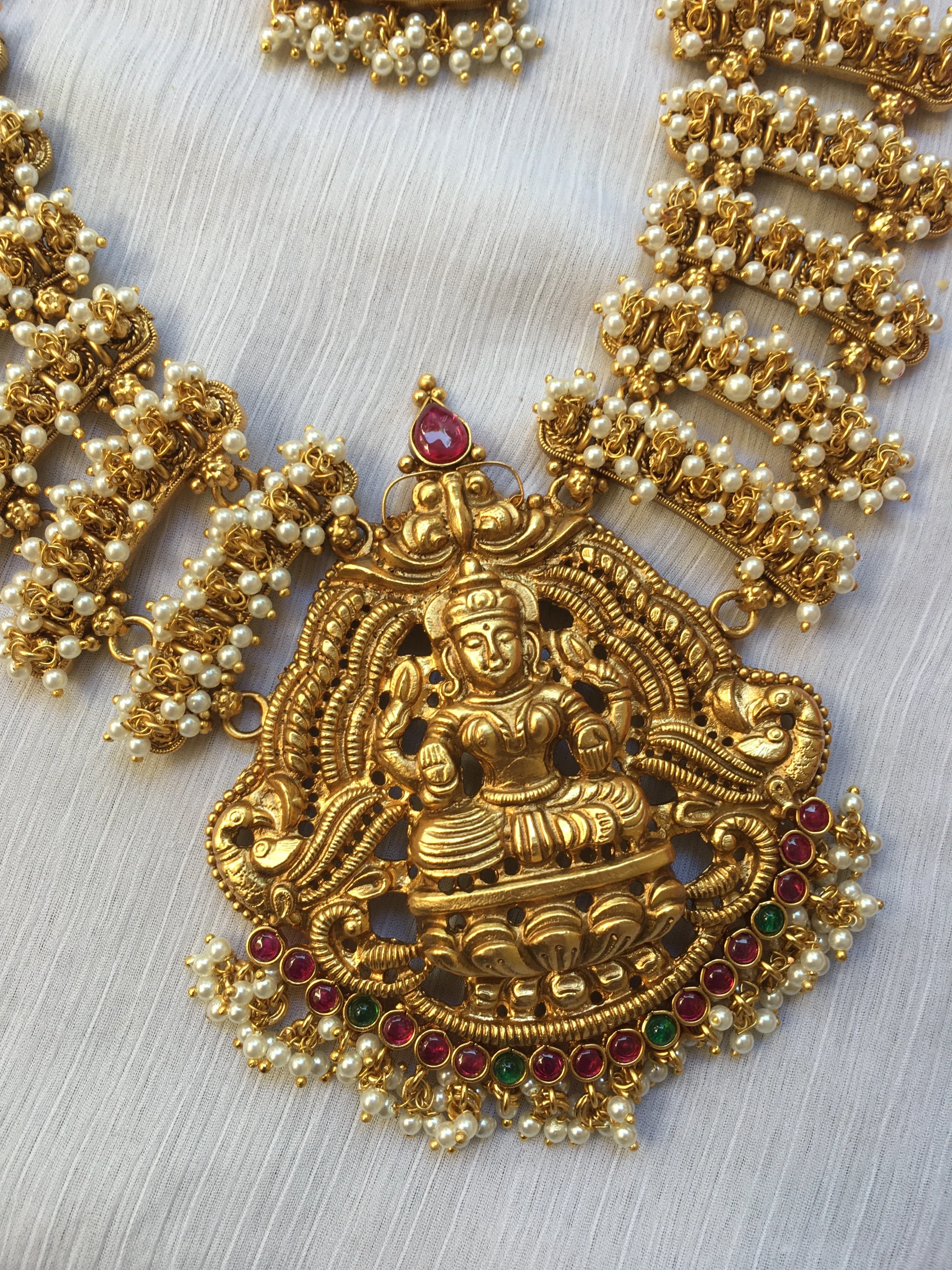 Pearl bunches Haaram with premium polish Lakshmi Devi pendant LH68