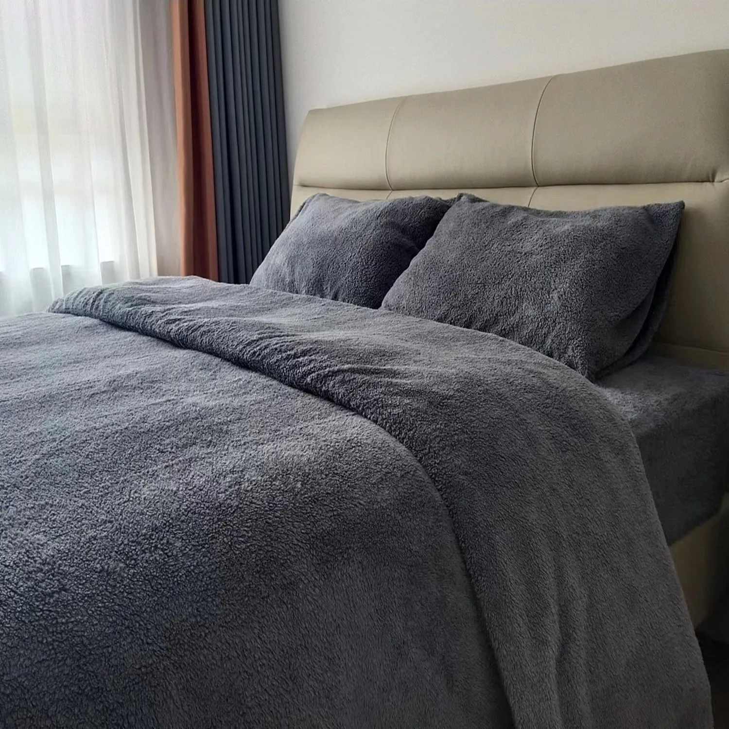 Teddy Fleece Duvet Cover And Pillowcase Set (Grey)