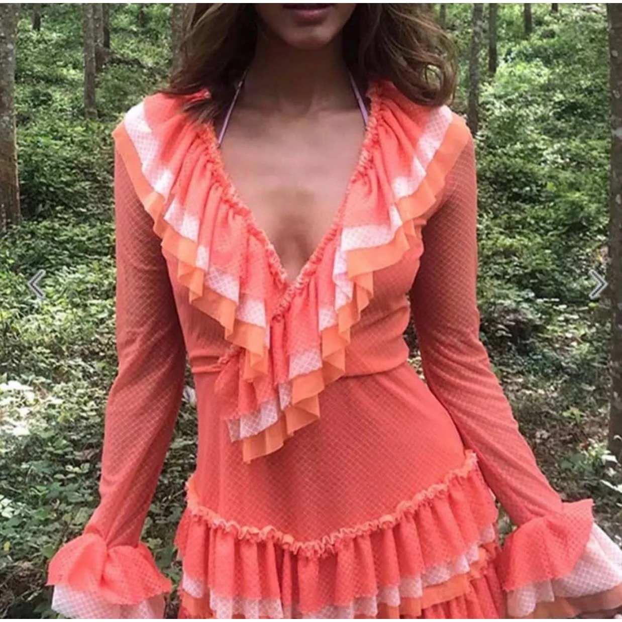 We are HAH Mags About U Coral Ruffle Dress Festival Coachella 1970's New L